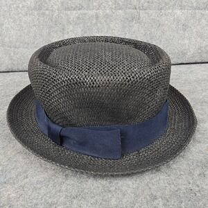 Newhattan Pork Pie Hat Men L/XL Black Straw Navy Ribbon Fedora Summer Hat